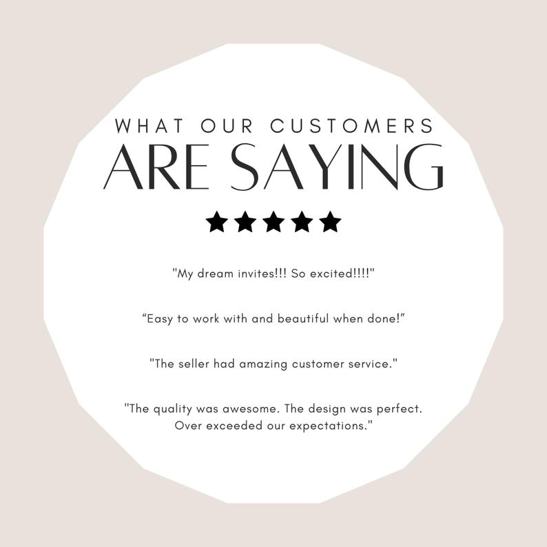 May include: A white circle with black text that reads "WHAT OUR CUSTOMERS ARE SAYING" with five black stars below the text.  Four customer reviews are listed below the stars.  The reviews are all positive and mention the quality of the product, the seller's customer service, and the overall experience.