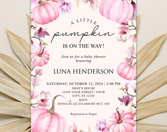 EDITABLE Pumpkin Baby Shower Invitation | Fall Foliage Design | Pink & Orange Tones | Autumn Baby Shower Invite | Fall Baby Shower