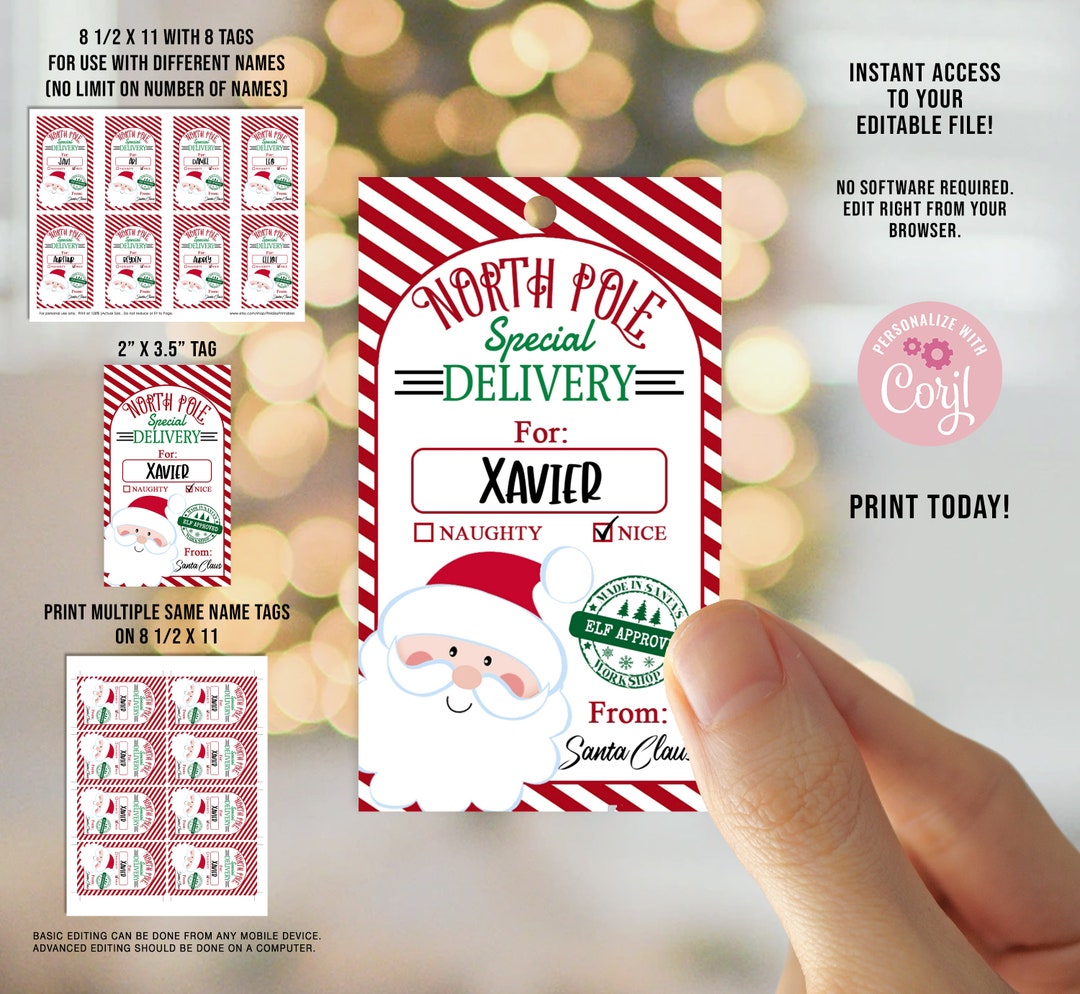 EDITABLE Santa Gift Tags Instant Download 4 X 3 Custom Printable Tags 