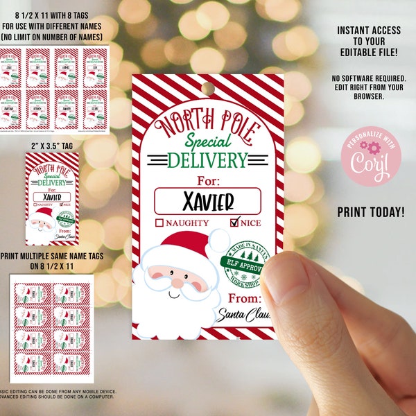 EDITABLE Santa Gift Tags, Instant Download, 4 x 3 Custom Printable Tags, North Pole Tags, Christmas Gift Tags, Santa Gifts, Print today!