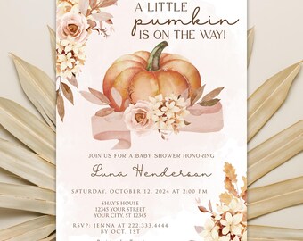 EDITABLE Pumpkin Baby Shower Invitation | Fall Foliage Design | Pink & Orange Tones | Autumn Baby Shower Invite | Fall Baby Shower