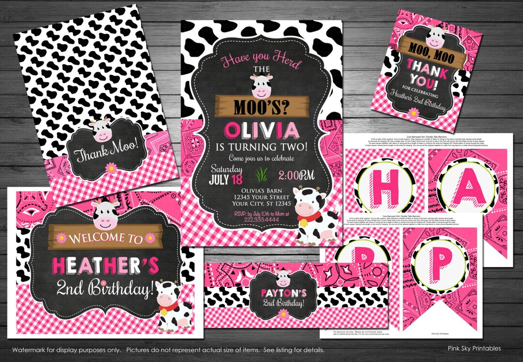 Cow Birthday Party Package, Printable File, Cow Party, Pink, Farm ...