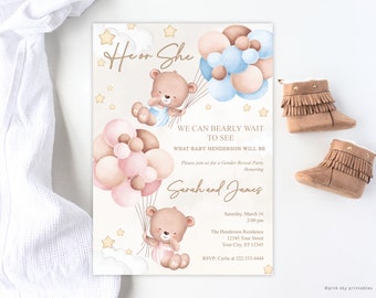 EDITABLE Teddy Bears Gender Reveal Invitation, Baby Boy Or Girl Party Invite Template, He Or She, Watercolor Bear with Balloons