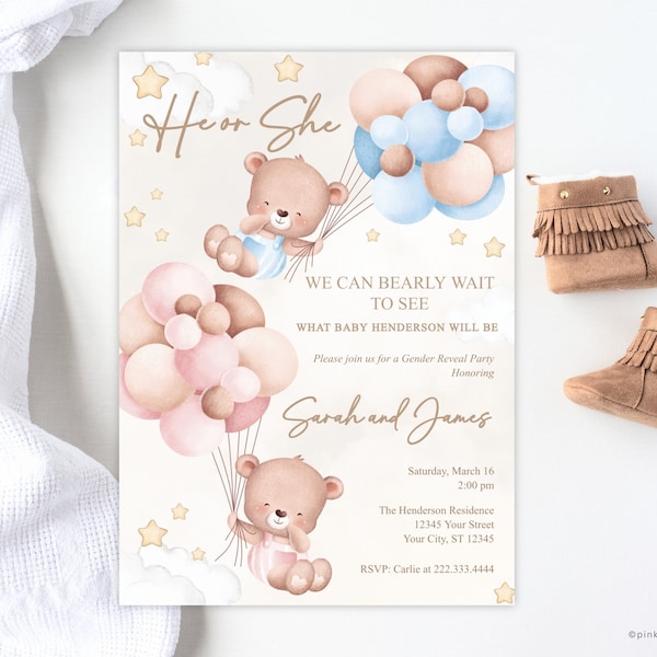 Faire-part MODIFIABLE avec des oursons en peluche, modèle d'invitation fête bébé garçon ou fille, lui ou elle, ours aquarelle avec ballons