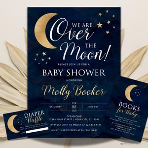 Over de maan babyshower uitnodiging, digitaal of gedrukt, maan en sterren doucheuitnodiging, luierloterij en boekverzoekkaarten inbegrepen