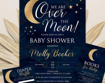 Over the Moon Baby Shower Invitation, Digital or Printed, Moon and Stars Shower Invitation, Diaper Raffle and Book Request Cards Included