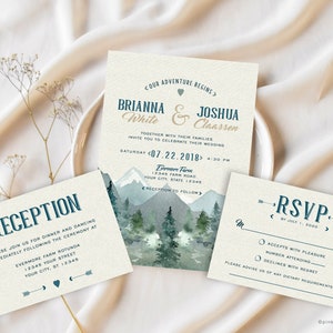 Mountains Wedding Invitation, Rustic Wedding, Wilderness, Trees, Watercolor, RSVP, Reception, Included, Printable or Printed Invitations