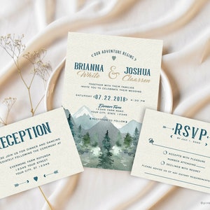Convite de casamento nas montanhas, casamento rústico, deserto, árvores, aquarela, confirmação de presença, recepção, convites incluídos, para impressão ou impressos