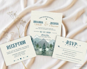 Mountains Wedding Invitation, Rustic Wedding, Wilderness, Trees, Watercolor, RSVP, Reception, Included, Printable or Printed Invitations