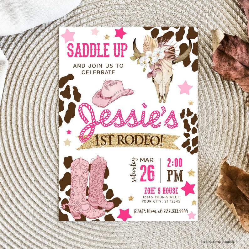 First Rodeo Flower Boho 1st Rodeo Birthday Invitation, Girls Western 1st Birthday, Cowgirl ...