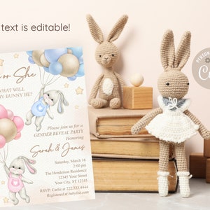 EDITABLE Bunnies Gender Reveal Invitation, Baby Boy Or Girl Party Invite Template, He Or She, Spring, Bunny with Balloons, Easter image 4