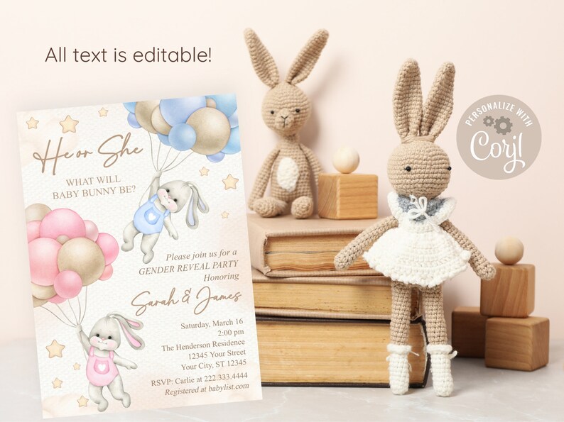 EDITABLE Bunnies Gender Reveal Invitation, Baby Boy Or Girl Party Invite Template, He Or She, Spring, Bunny with Balloons, Easter image 4