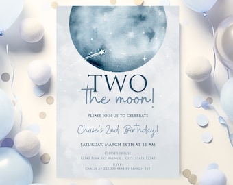 Two the Moon Birthday Invitation Template Boy, Two the Moon 2nd Birthday Space Invite Boy Printable, Boys 2nd Birthday EDITABLE