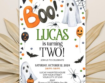 May include: A Halloween-themed birthday invitation for a child named Lucas turning two. The invitation features a ghost, a spider, a pumpkin, and the words "Boo!" and "Lucas is turning Two!" The invitation also includes the date and time of the party, the address, and an RSVP contact.