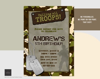 Military Camouflage Birthday Party Invitations Printable or Printed Invitations, Boy, Army, Solider, Dog Tags, Green Camo