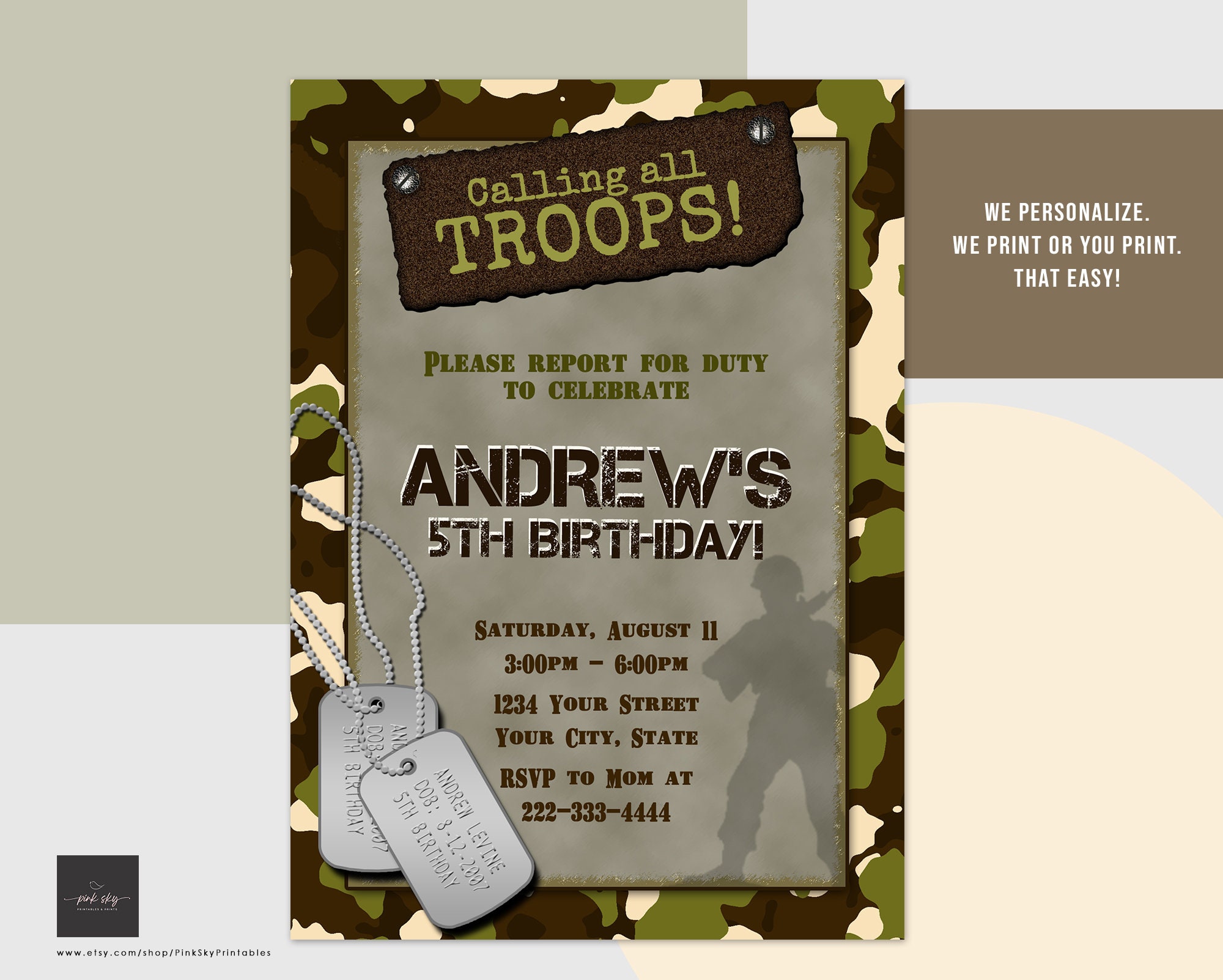 military-camouflage-birthday-party-invitations-printable-or-printed-invitations-boy-army-solider-dog-tags-green-camo-etsy