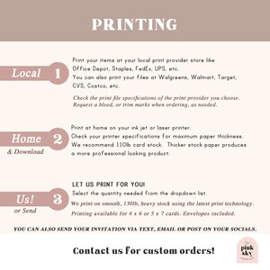 May include: A pink and white graphic with the word "PRINTING" in large black letters.  The graphic provides three options for printing invitations: Local, Home & Download, and Us! or Send.  The graphic also includes the text "LET US PRINT FOR YOU!" and "Contact us for custom orders!"