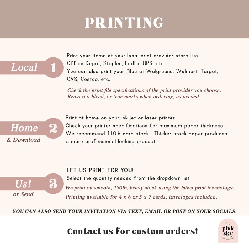 May include: A pink and white graphic with the word "PRINTING" in large black letters.  The graphic provides three options for printing invitations: Local, Home & Download, and Us! or Send.  The graphic also includes the text "LET US PRINT FOR YOU!" and "Contact us for custom orders!"