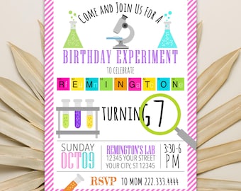 May include: A pink and white striped birthday party invitation with a science theme. The invitation features a microscope, beakers, and test tubes. The text reads "Come and join us for a birthday experiment to celebrate turning 7". The invitation also includes the date, time, and location of the party.