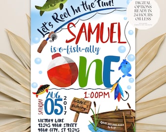 Fishing Birthday Invitation, Printable or Printed Invitations, Gone Fishing Invitation, First Birthday Fishing Invitation, Blue, White, Red
