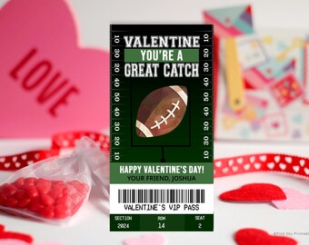 May include: A green and black printable Valentine's Day card with a football graphic and the text "Valentine You're a Great Catch". The card also includes the text "Happy Valentine's Day! Your Friend, Joshua" and "Valentine's VIP Pass" with a section, row, and seat number.