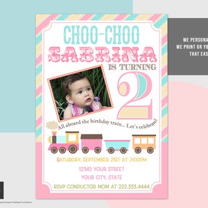 Convites para festa de aniversário de meninas Choo Choo Train, arquivo para impressão ou convite impresso, rosa e verde, trem, listras, convite com foto