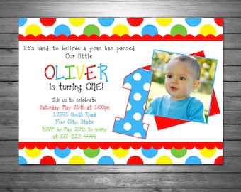 Polka Dots Primary Colors Birthday Party Invitations Printable- Balls, Bounce House Invitation, Bubbles, Photo Invitation, Rainbow Colors