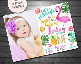 Flamingo Birthday Invitations, Pineapple Invitation, Printable or Printed Invitations, Flamingo Photo, Pool Party, Gold Glitter, Summer