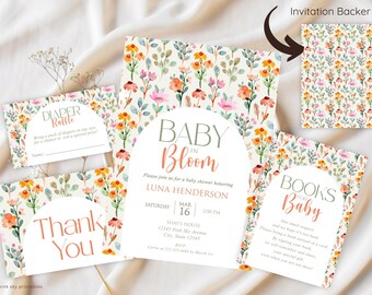 May include: A set of printable baby shower invitations with a floral pattern. The invitations feature the text "Baby in Bloom", "Books for Baby", "Diaper Raffle", and "Thank You".