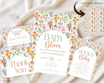 Baby in Bloom Baby Shower Bundle, Floral Baby Shower, Wildflowers Baby Shower Invitation, Editable Baby Shower, Digital