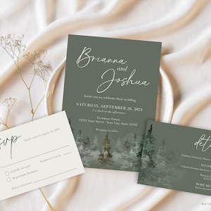 May include: A wedding invitation suite with a green background and a watercolor illustration of a forest. The invitation includes the names Brianna and Joshua, the date Saturday, September 28, 2024, and the location, Exmore Farms. The RSVP card includes the text "RSVP" and a space for guests to indicate their attendance. The details card includes the text "details" and information about the ceremony and accommodations.