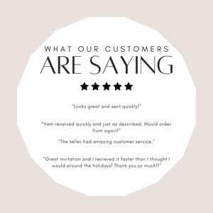 May include: A white circle with black text that reads "WHAT OUR CUSTOMERS ARE SAYING" and five black stars. Below the stars are four customer reviews in black text.