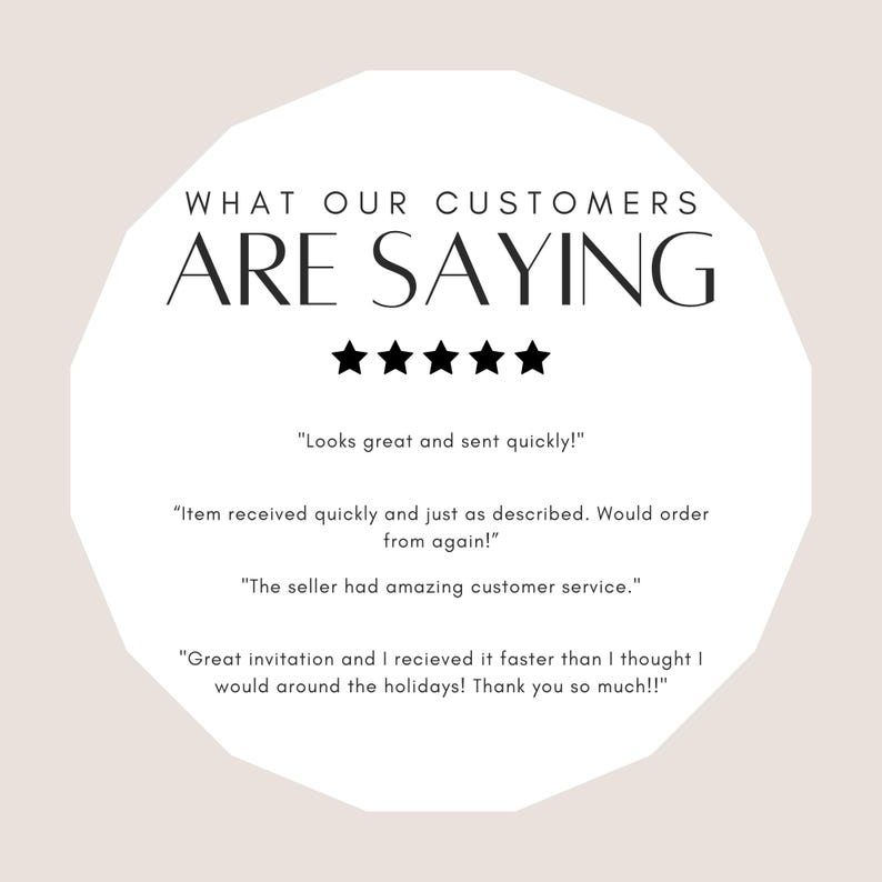 May include: A white circle with black text that reads "WHAT OUR CUSTOMERS ARE SAYING" and five black stars. Below the stars are four customer reviews in black text.