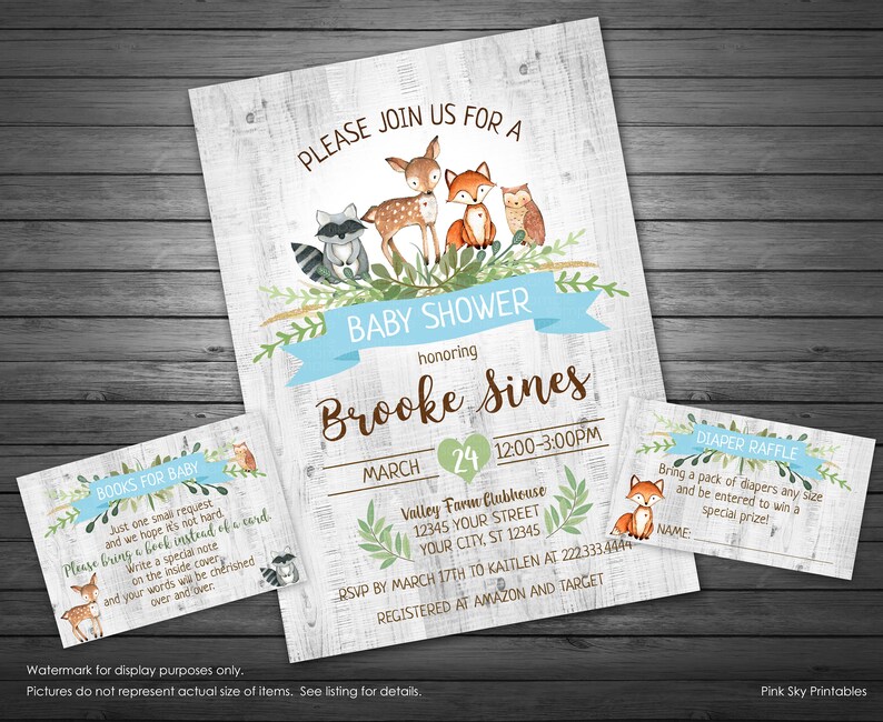 Woodland Baby Shower Invitation, Printable or Printed Invitations, Boy Forest Animals Baby Shower, Diaper Raffle and Book Request INCLUDED 