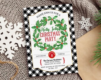 May include: A Christmas party invitation with a black and white buffalo check border. The invitation features a holly wreath design with the text "Holly Jolly Christmas Party". Details include date, time, and RSVP information.