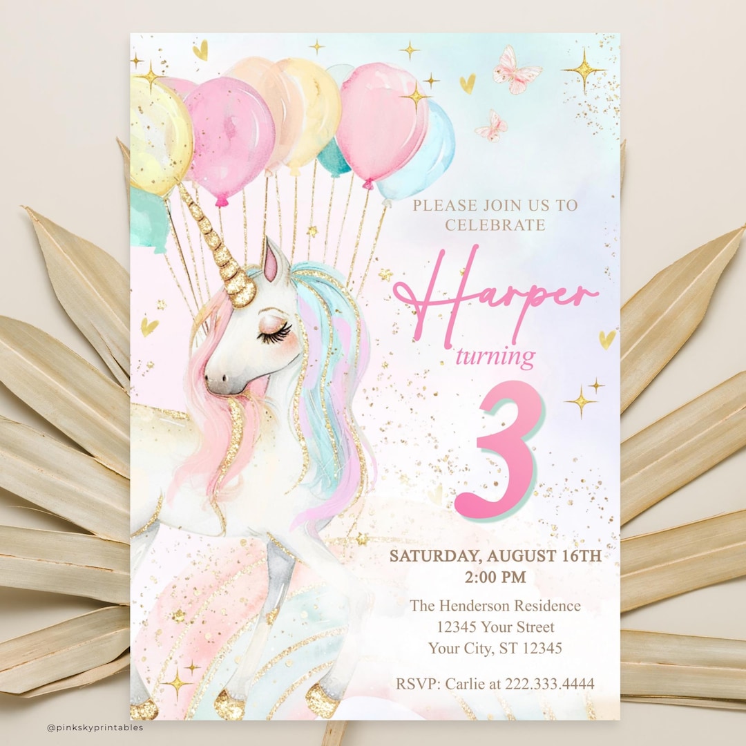 Unicorn Birthday Invitation for Girls, Editable Pink Rainbow Invite ...