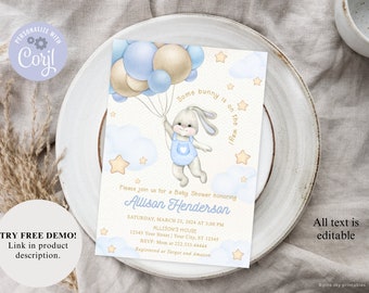 Bunny Baby Shower Invitation, Boy Baby Shower, Easter Baby Shower Invitation, Editable Some Bunny Boy Baby Shower, Digital