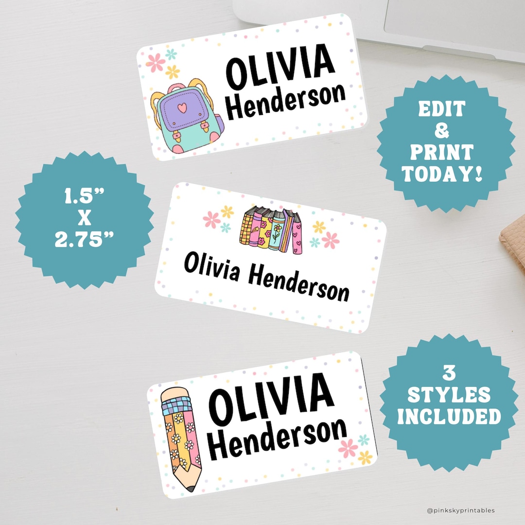 Editable School Name Labels for Girls, 3 Designs, Personalized Label ...