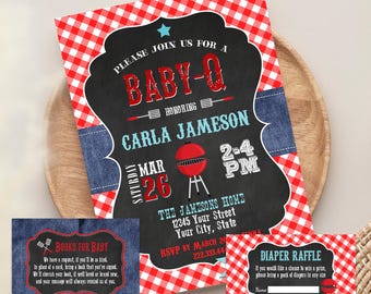 Baby-Q Baby Shower Invitation | Printable or Printed BBQ Invite | Free Inserts Included | Red Gingham & Chalkboard Design