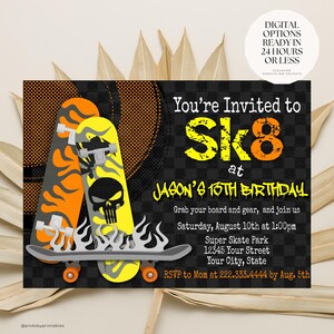 Skateboard Birthday Party Invitations Printable File, SK8, Black, Orange and Yellow, Grafitti, Skateboarding