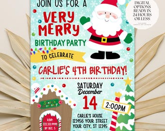May include: A festive invitation for Carlie's 4th birthday party. The design features a cartoon Santa Claus, a gingerbread house, and a Christmas tree. The invitation includes the text "Join us for a Very Merry Birthday Party" and event details.