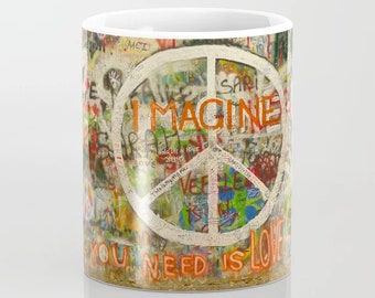 Peace Sign Love Coffee Mug, Imagine, Give Peace a Chance, All You Need is Love, John Lennon, Beatles