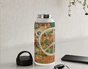 Peace Sign 12oz or 32oz Stainless Steel Water Bottle, Imagine, Give Peace a Chance, All You Need is Love, John Lennon, Beatles