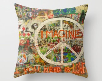The Beatles Large Throw Pillow John Lennon Peace Sign Imagine All You Need is Love