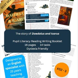 Peut inclure: Un livret de lecture et d'écriture intitulé "The Story of Daedalus and Icarus" avec 16 pages et 14 tâches. La couverture présente une illustration d'une figure ailée. Le livret est conçu par un spécialiste anglais et est adapté aux dyslexiques.