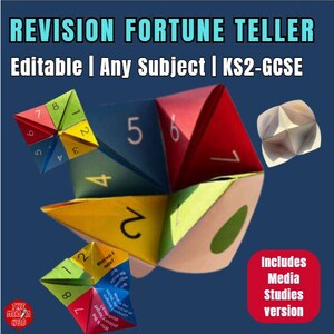 Puede incluir: Un colorido adivinador de papel con el texto "REVISION FORTUNE TELLER" y "Editable | Any Subject | KS2-GCSE". El adivinador es de color rojo, azul, amarillo y verde, con números y preguntas. Un cuadrado rojo dice "Includes Media Studies version".