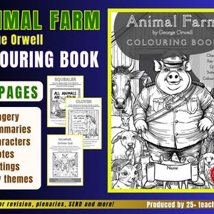 May include: A coloring book titled "Animal Farm" by George Orwell. The cover features a pig in a military uniform surrounded by other animals. The book includes 26 pages with imagery, summaries, characters, quotes, settings, and key themes.