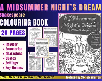May include: A Midsummer Night's Dream coloring book with 20 pages. Features imagery, summaries, characters, quotes, settings, and key themes. Includes illustrations of Oberon, Titania, and Bottom. Perfect for revision and plenaries.