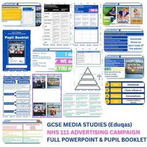 Op de afbeelding: Educatief materiaal voor GCSE Media Studies, waaronder een leerlingenboekje en een PowerPoint-presentatie over de NHS 111-reclamecampagne. De materialen bevatten diagrammen, grafieken en tekst, met een blauw, wit en roze kleurenschema.