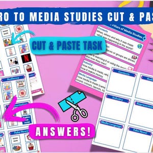 May include: A colorful educational worksheet titled "INTRO TO MEDIA STUDIES CUT & PASTE" with the text "CUT & PASTE TASK" and "ANSWERS!". The worksheet includes diagrams, text boxes, and images related to media studies. A smartwatch and pencils are also visible.